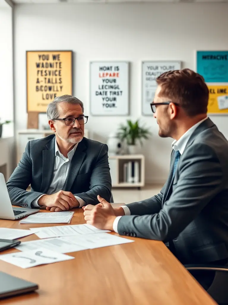 A professional business coach in a focused pose, guiding a client through a strategic planning session, emphasizing leadership development and goal setting.