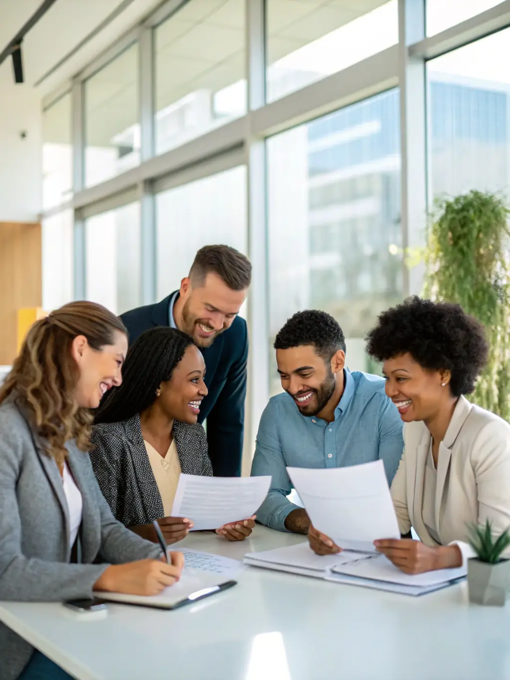 A diverse group of professionals collaborating on a project, symbolizing teamwork and leadership development.