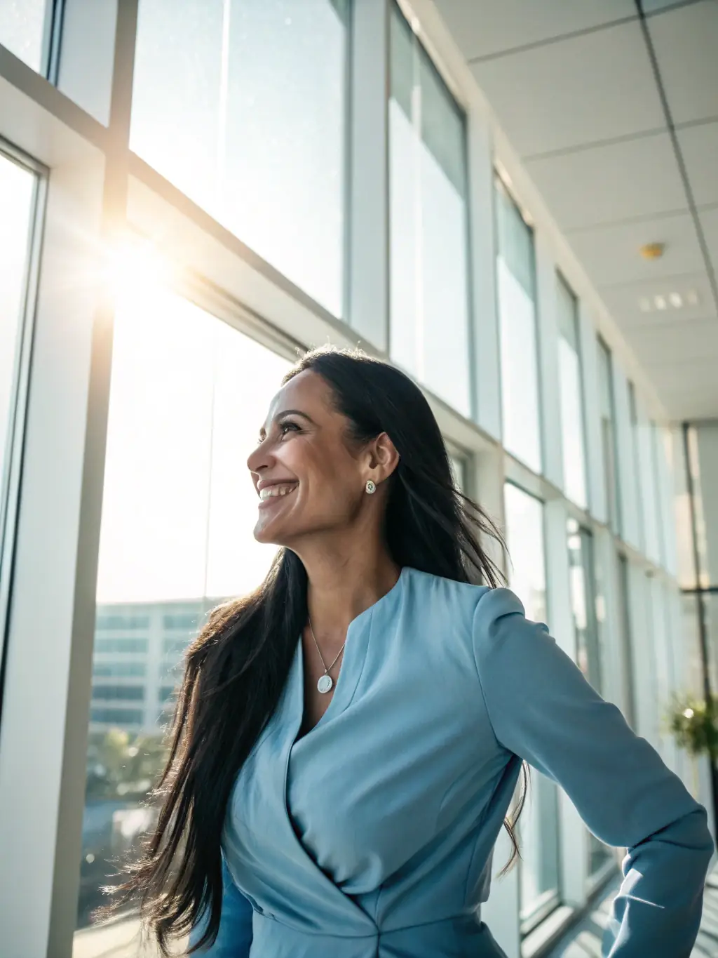 A client smiling confidently after a coaching session, symbolizing mindset transformation and increased self-belief.