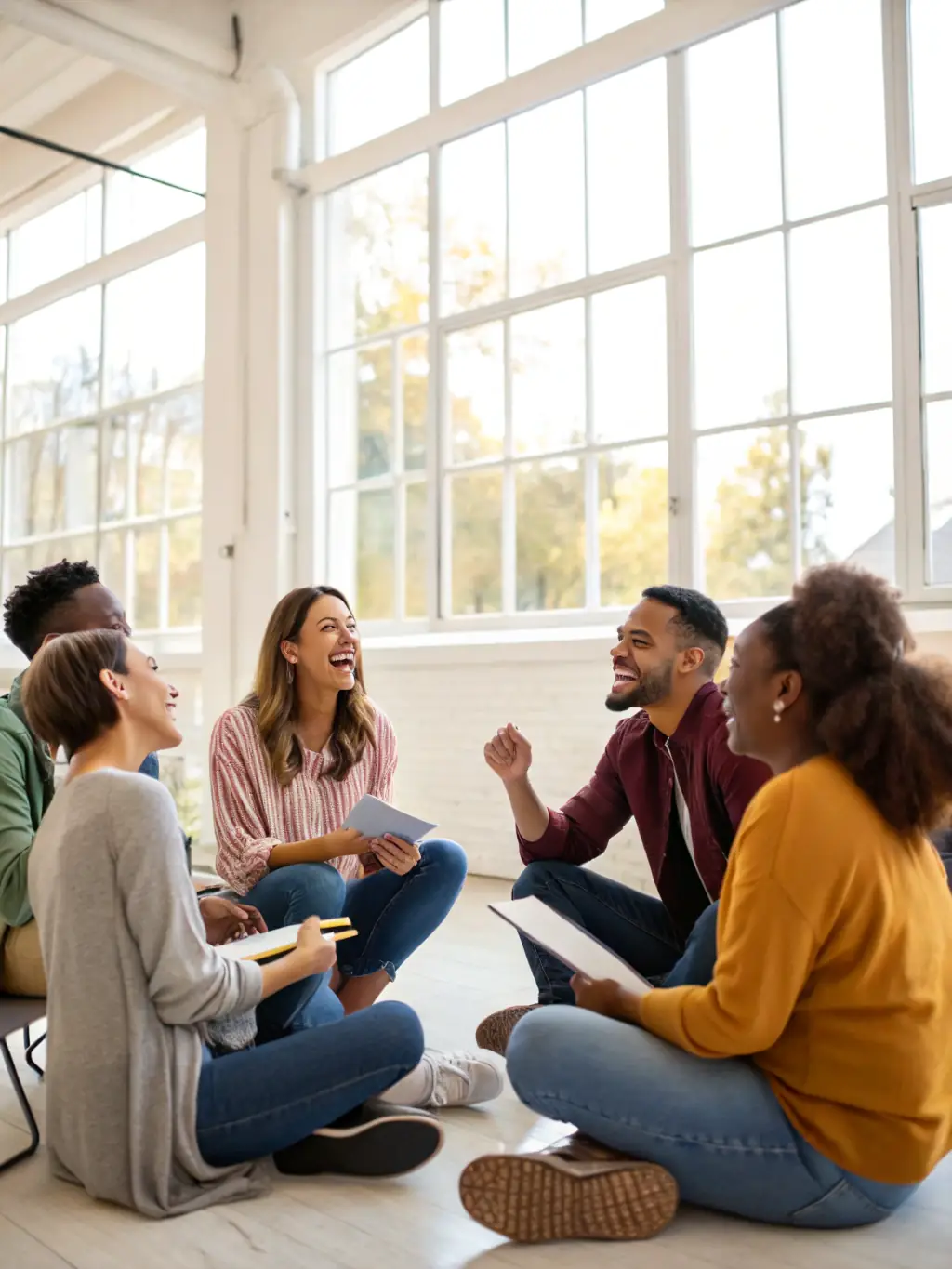 A group of individuals participating in a mindset transformation workshop, engaging in activities designed to foster resilience and positivity.